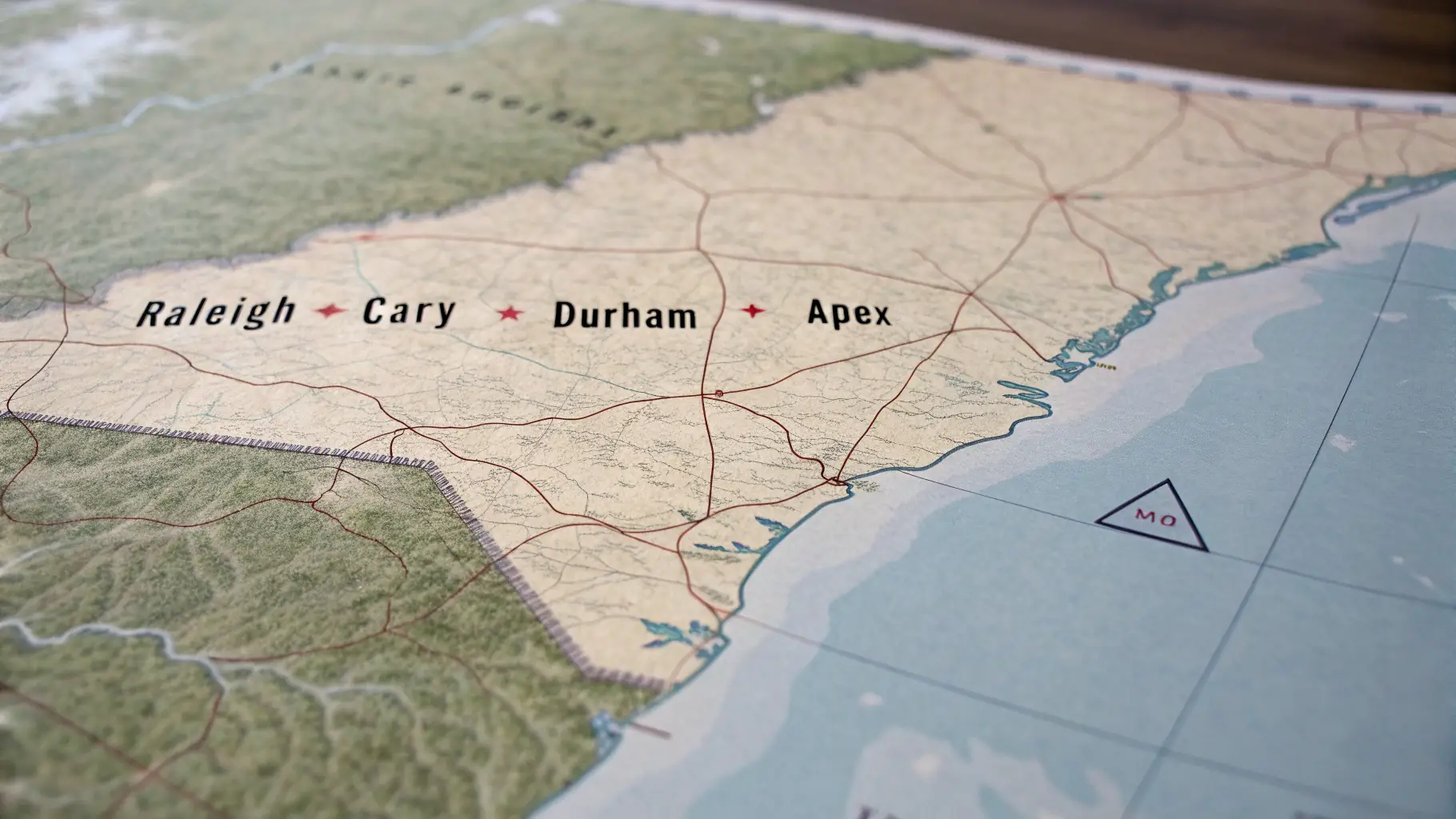A map of the Triangle area in North Carolina, highlighting Raleigh, Cary, Durham, and Apex.