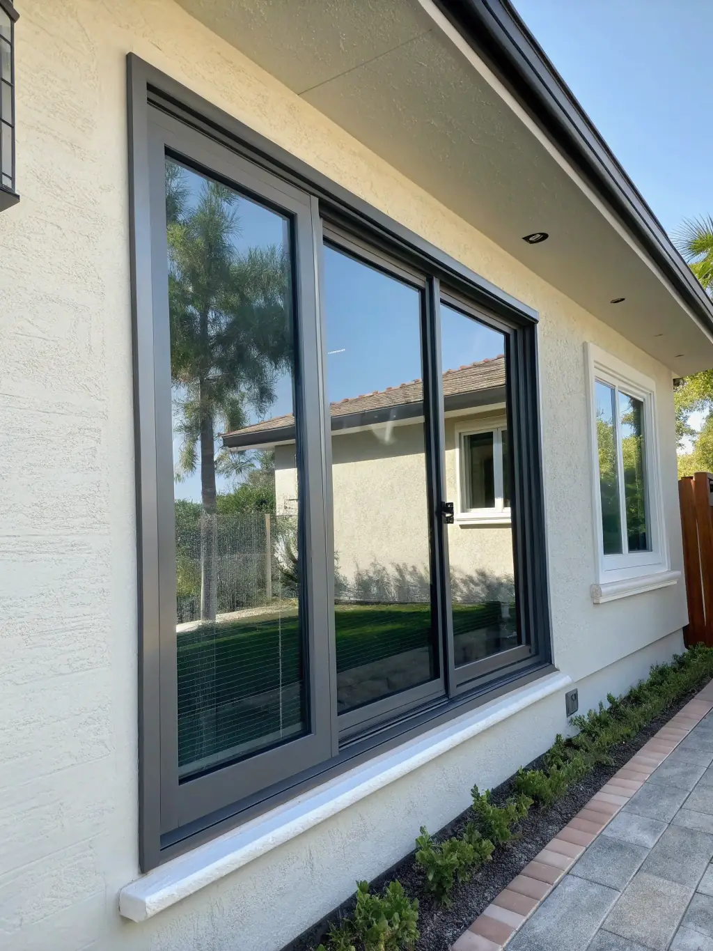 A modern home with hurricane-rated windows, emphasizing their robust construction and ability to withstand severe weather conditions.