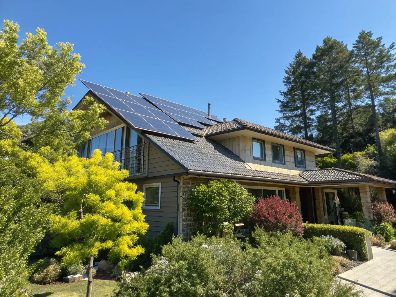 An eco-friendly home with solar panels and sustainable landscaping, illustrating the concept of eco-friendly home protection.