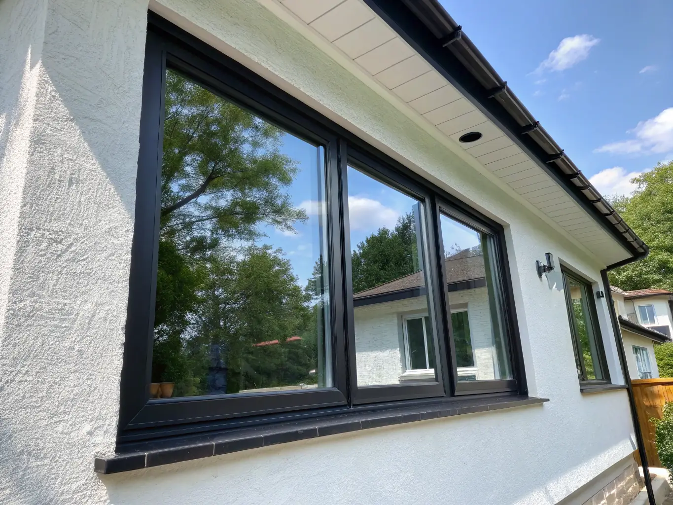 A close-up of hurricane-rated windows installed in a home, highlighting their impact resistance and energy-efficient design.